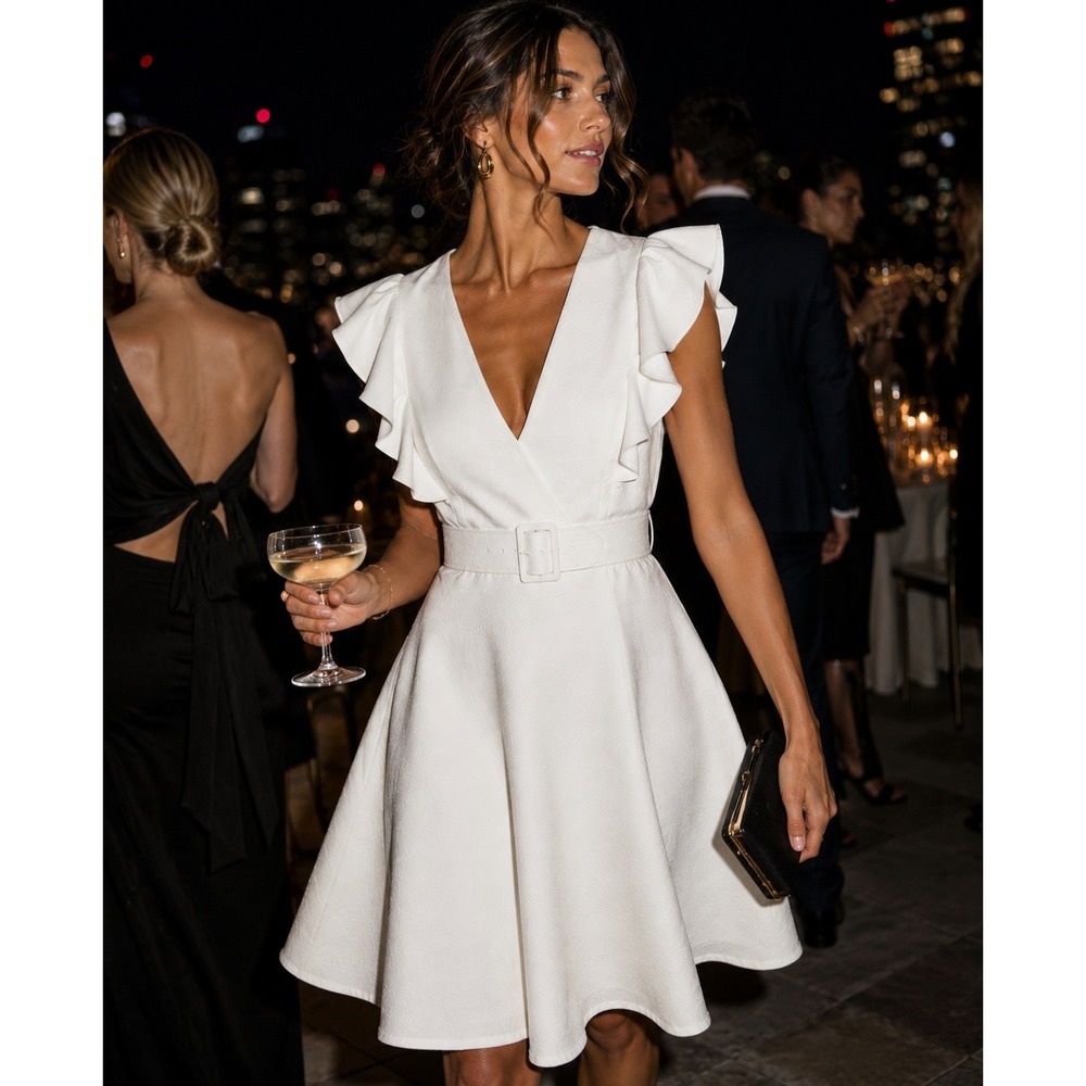 NWT Black Halo Hailey Ruffle V Neck Belted Cocktail Dress Ivory 10